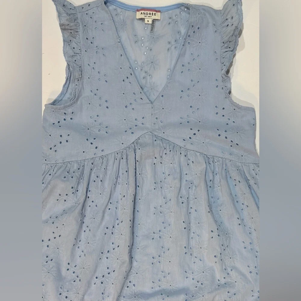 Andrée by Unit Eyelet Cotton Mini Dress Small Blue Cottagecore Ruffle Sleeve - Picture 9 of 9